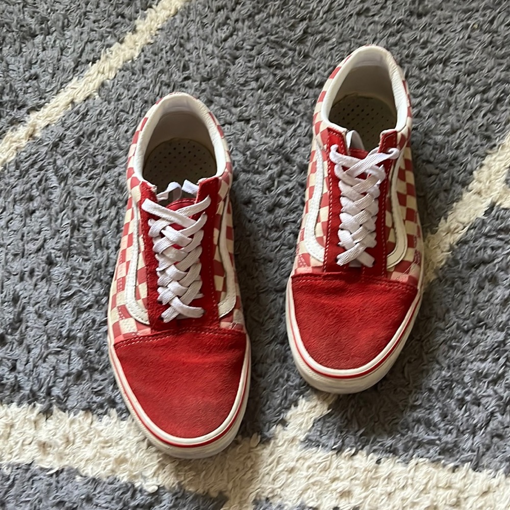Red checkered low top old skool Vans
